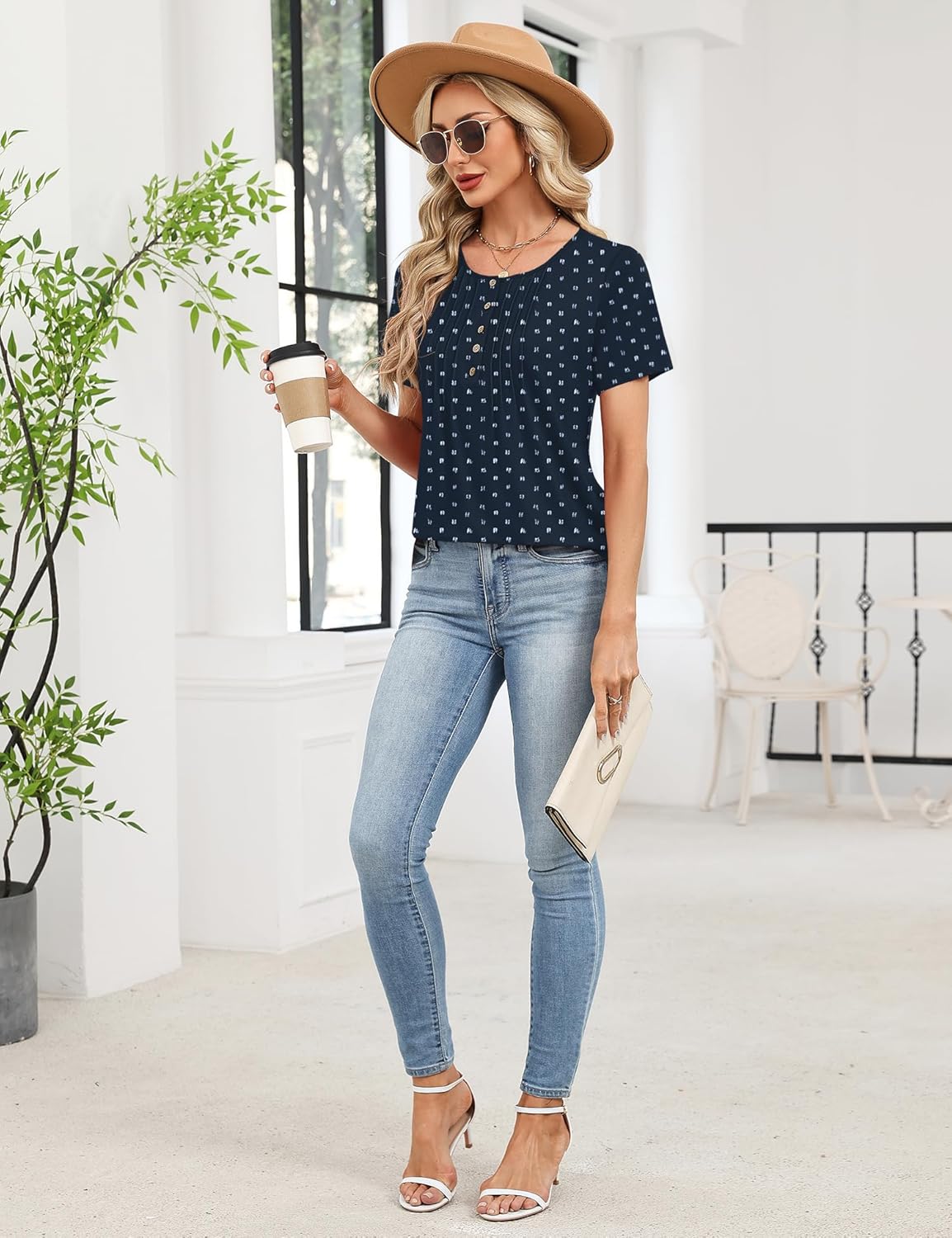 Rapbin Short Sleeve Shirts for Women Pleated Crewneck Cute Blouses Dressy Casual Elegant Tops Loose peasant Summer T-Shirts - Image 7