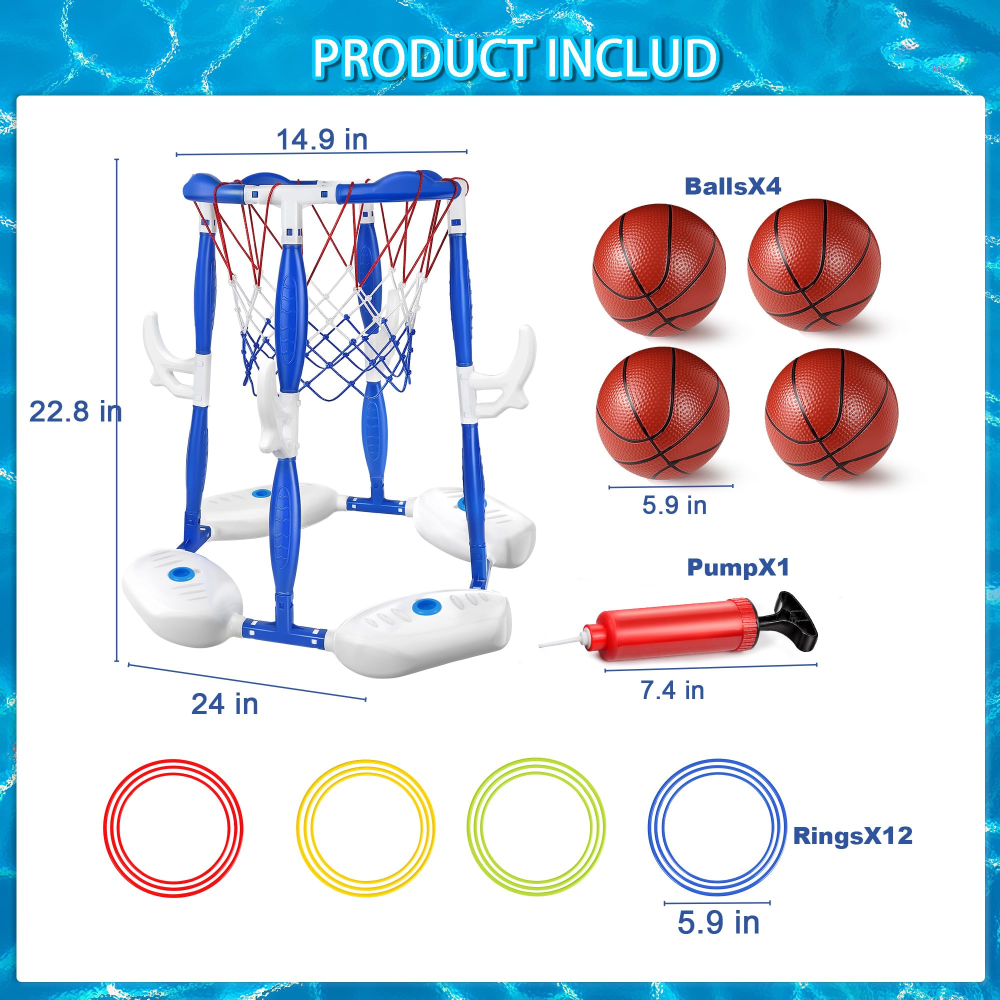 Basketballreifen für Pool, 2-in-1 schwimmendes Set mit 4 Bällen, 12 Reifen und Pumpe, ideal für Familienfeiern im Freien, schwimmendes Pool-Spielzeug für Kinder von 4 bis 8 Jahren und 8 Jahren