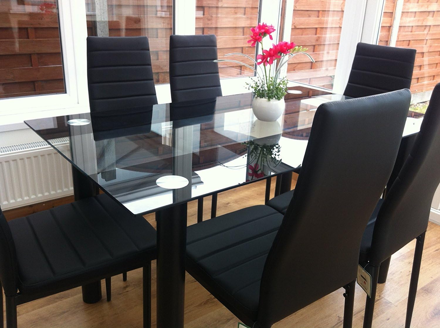 KOSY KOALA STUNNING GLASS BLACK DINING TABLE SET AND 6 FAUX LEATHER BLACK CHAIRS (Black table ...