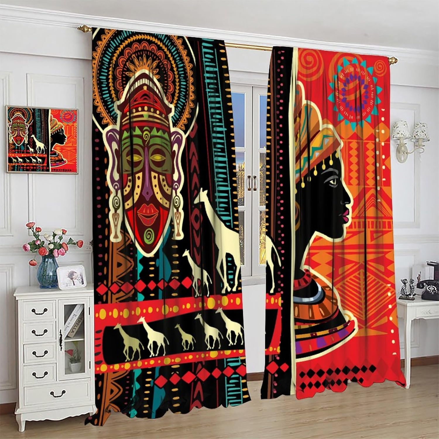 African Blackout Curtains, Tribal Ethnic Bohemian African Black Woman Abstract Black Rod Pocket Window Drapes, for Living Room Bedroom Kitchen 42" W X 45" L