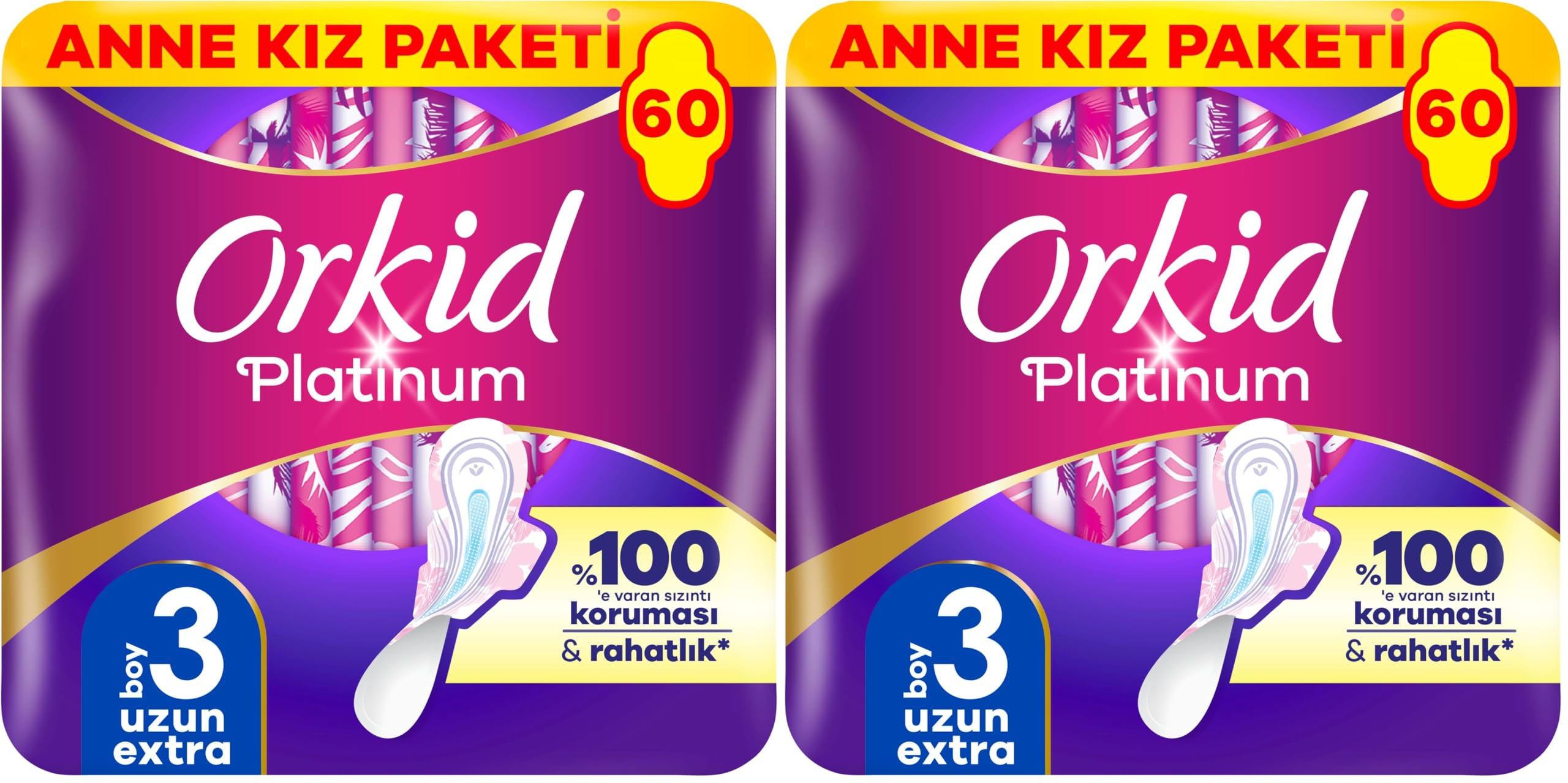 Orkid Platinum Hijyenik Ped Anne Kız Paketi Uzun Extra (Boy 3) Dev Ekonomik Paket 60 Adet Ped (2 paketi)