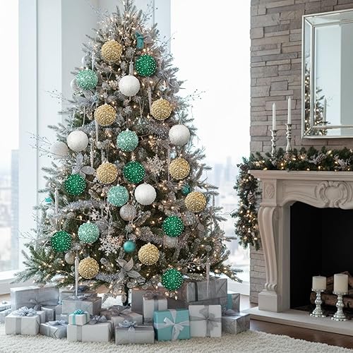 Vista 84 de Lyrow Juego de 24 adornos de bolas de Navidad con purpurina de 4 pulgadas, bolas de Navidad a granel, adornos colgantes de espuma de lentejuelas
