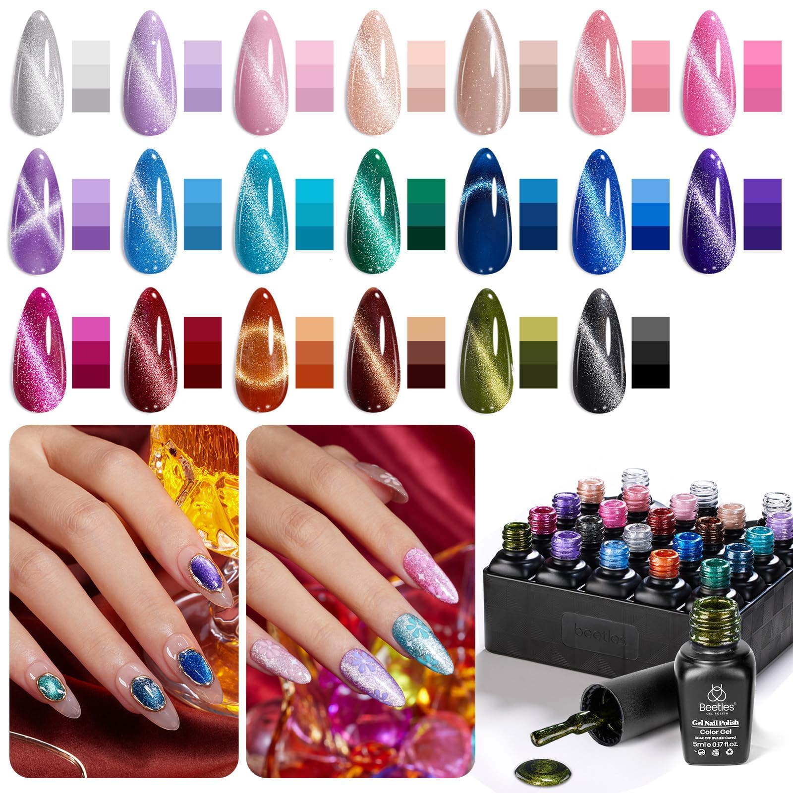 Beetles - Set di 20 smalti in gel con base e opaco lucido, colore rosa nude, verde, blu, smalto Lush Velvet con magnete Soak Off LED, manicure, salone fai da te, idea regalo per donne