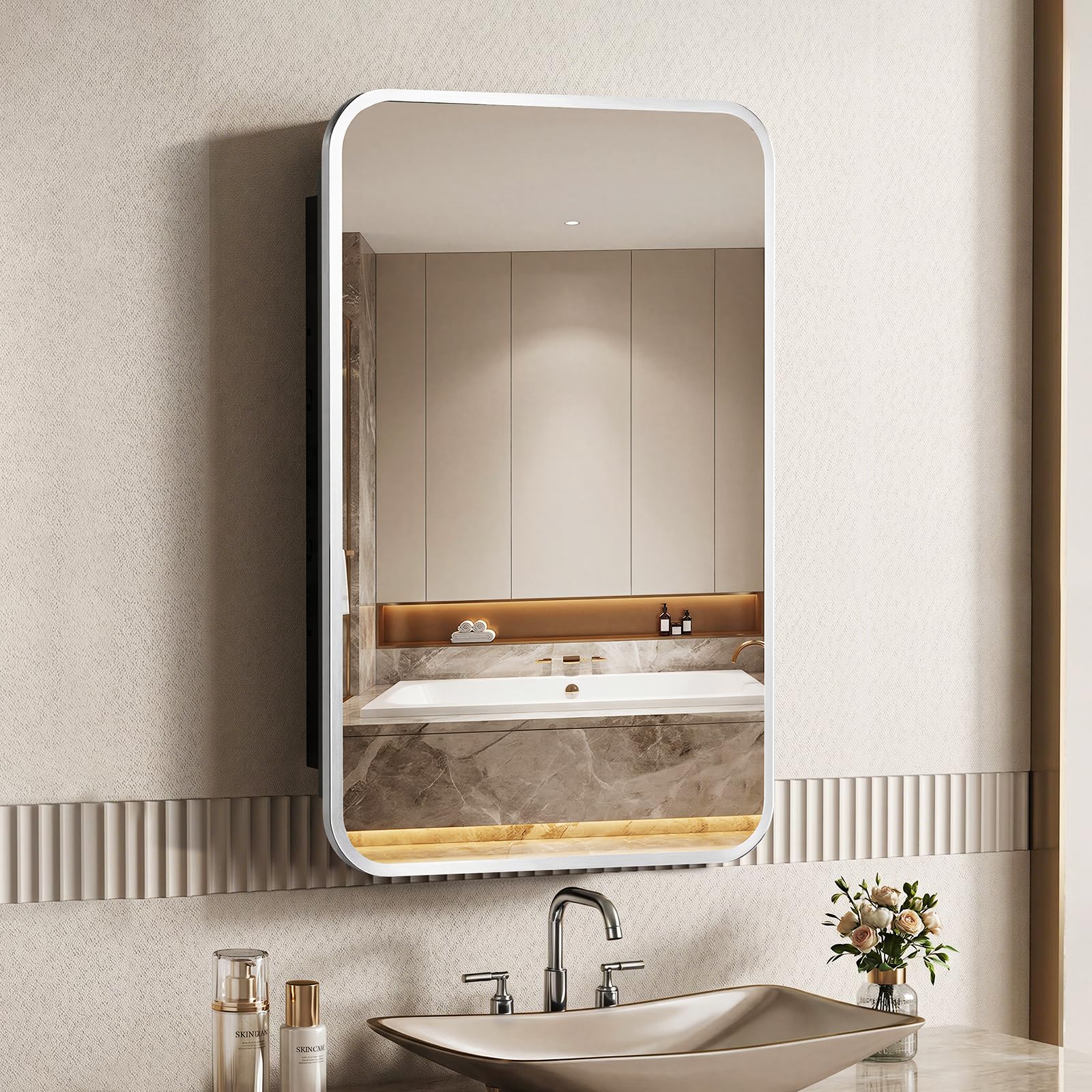 ACEMIRO 16x24 Inch Medicine Cabinet with Mirror Brushed Silver Metal Framed Recessed Bathroom Mirror Medicine Cabinet Wall Mounted