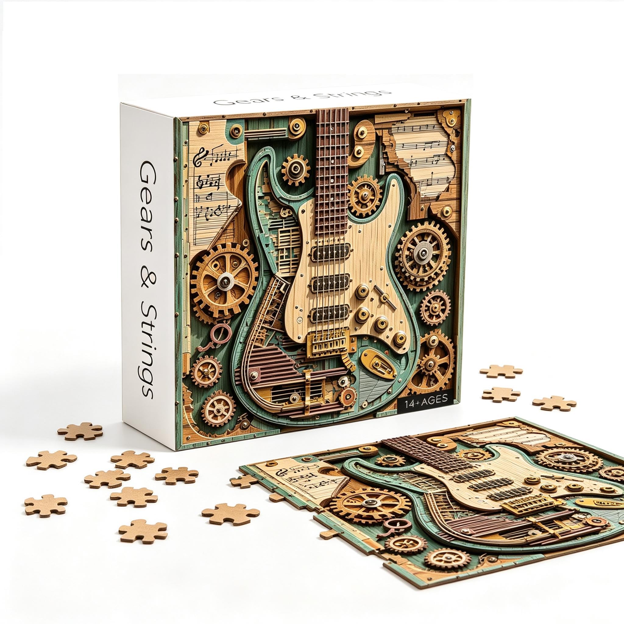 Gears And Strings Jigsaw Puzzle, 1000 Pieces Vintage Guitar Puzzle (Blue)