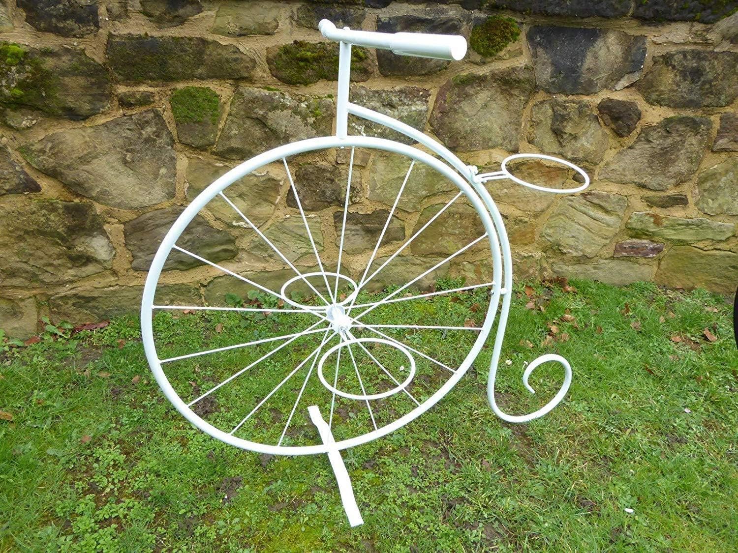 SLK Retail White Metal Penny Farthing Bicycle Plant Stand Garden Planter Holds 3 Plant Pots