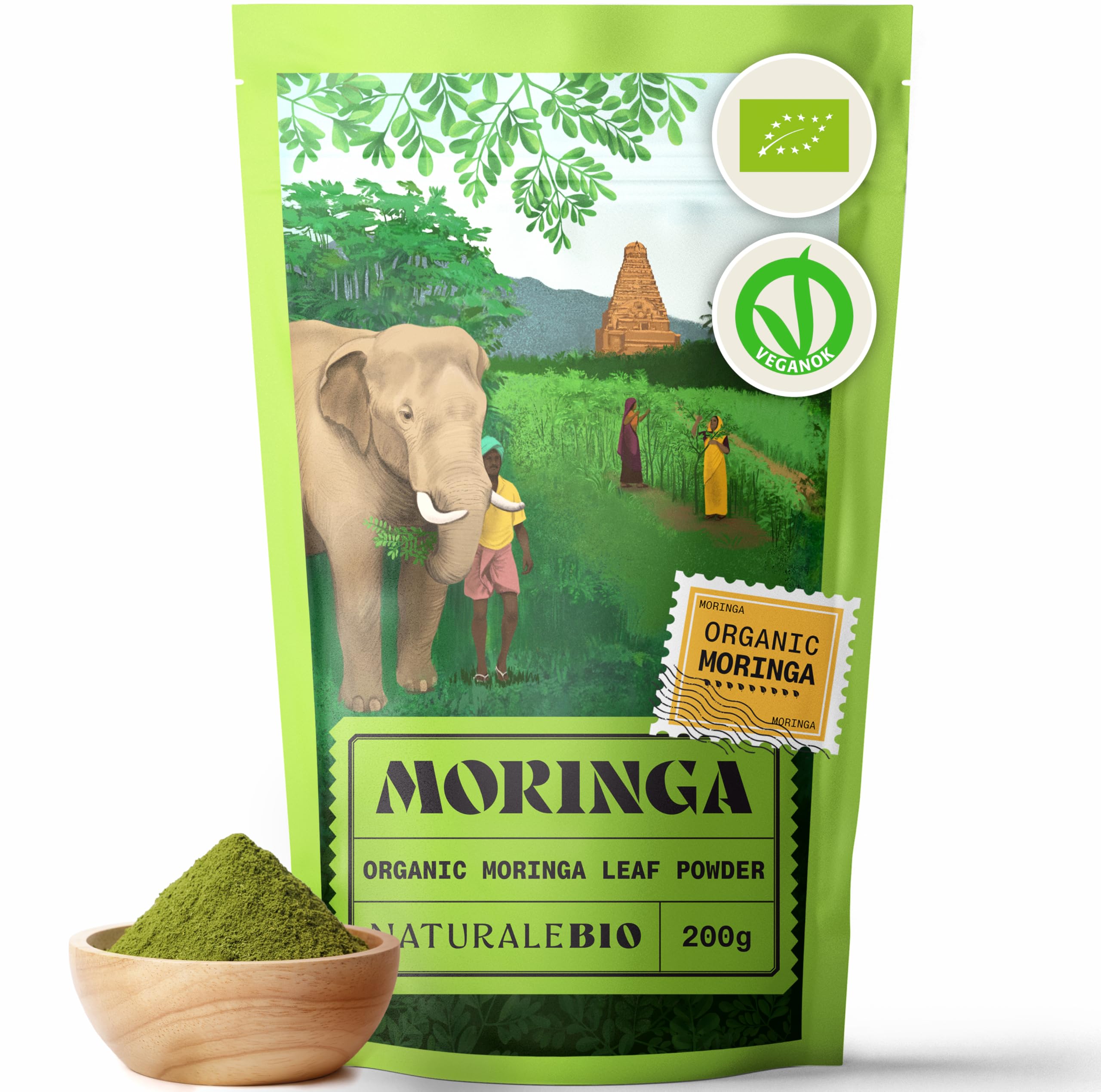 NaturaleBioOrganic Moringa Powder - Premium Quality - 200g. Bio, Natural and Pure. Leaves Picked from The Moringa Oleifera Plant for Tiredness, Immune System, Muscle Function, FatigueEU Organic