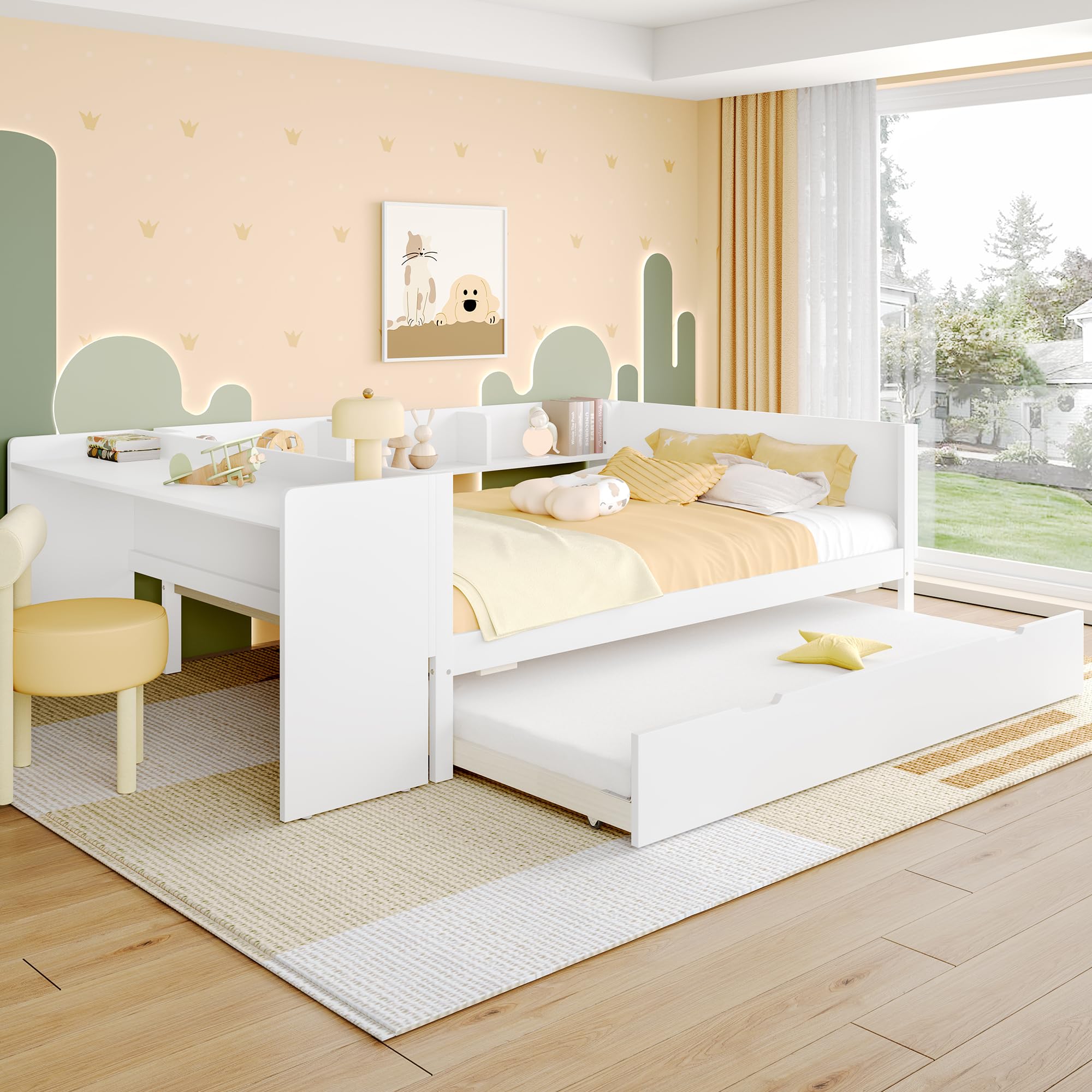 Letto basso, 140x200 cm, letto in legno, con scrivania, con letto estraibile, letto matrimoniale (senza materasso), con ripiani, pino+pannello truciolare (Bianco/con letto estraibile)