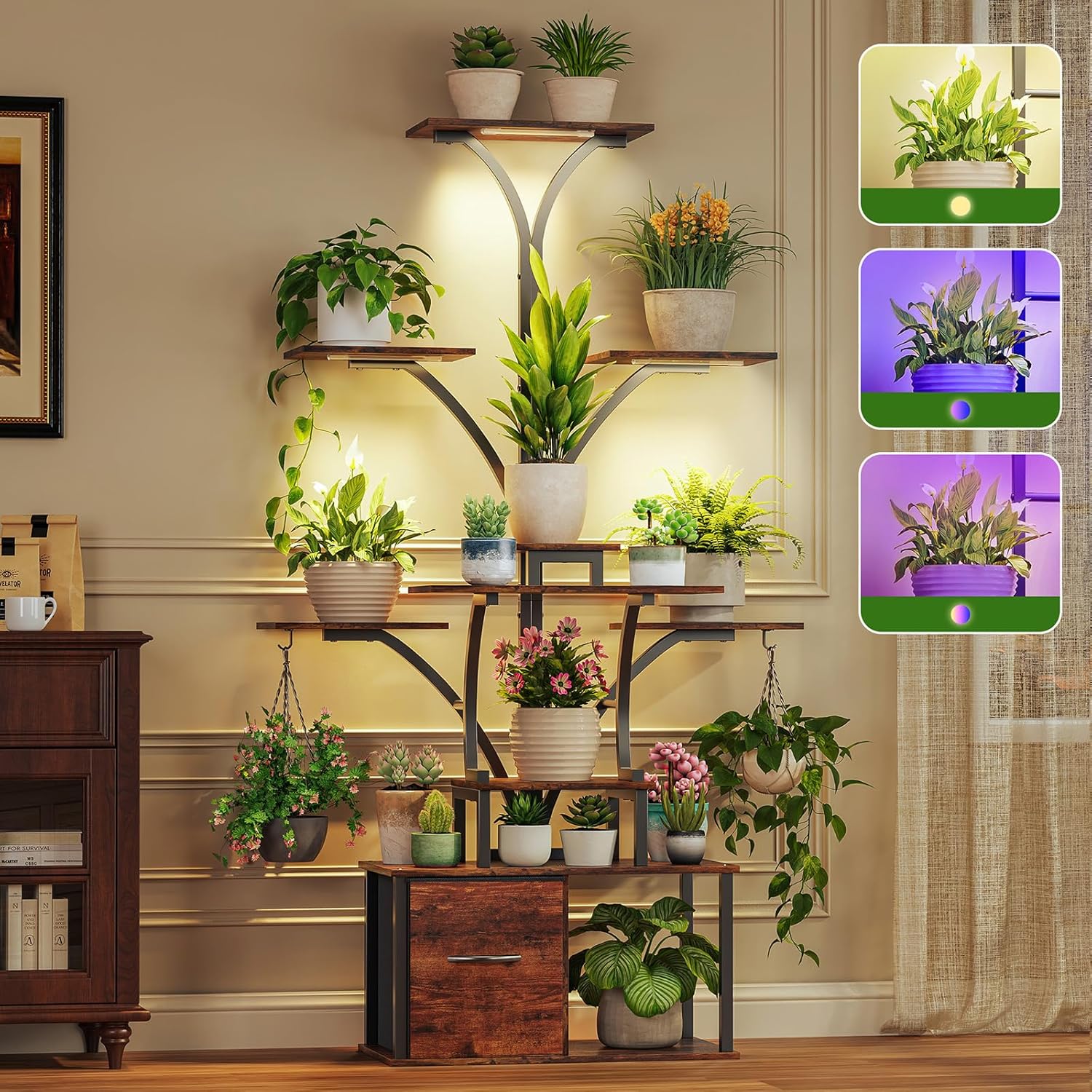 63" Plant Stand Indoor with Grow Lights, 10 Tiered Plant Shelf with Drawer, Corner Plant Stands for Indoor Plants, Metal Plant Flower Display Shelf, Tree-Shaped Plant Rack for Home, Black (1, Black)