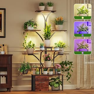 63" Plant Stand Indoor with Grow Lights, 10 Tiered Plant Shelf with Drawer, Corner Plant Stands for Indoor Plants, Metal Plant Flower Display Shelf, Tree-Shaped Plant Rack for Home, Black (2, Black)