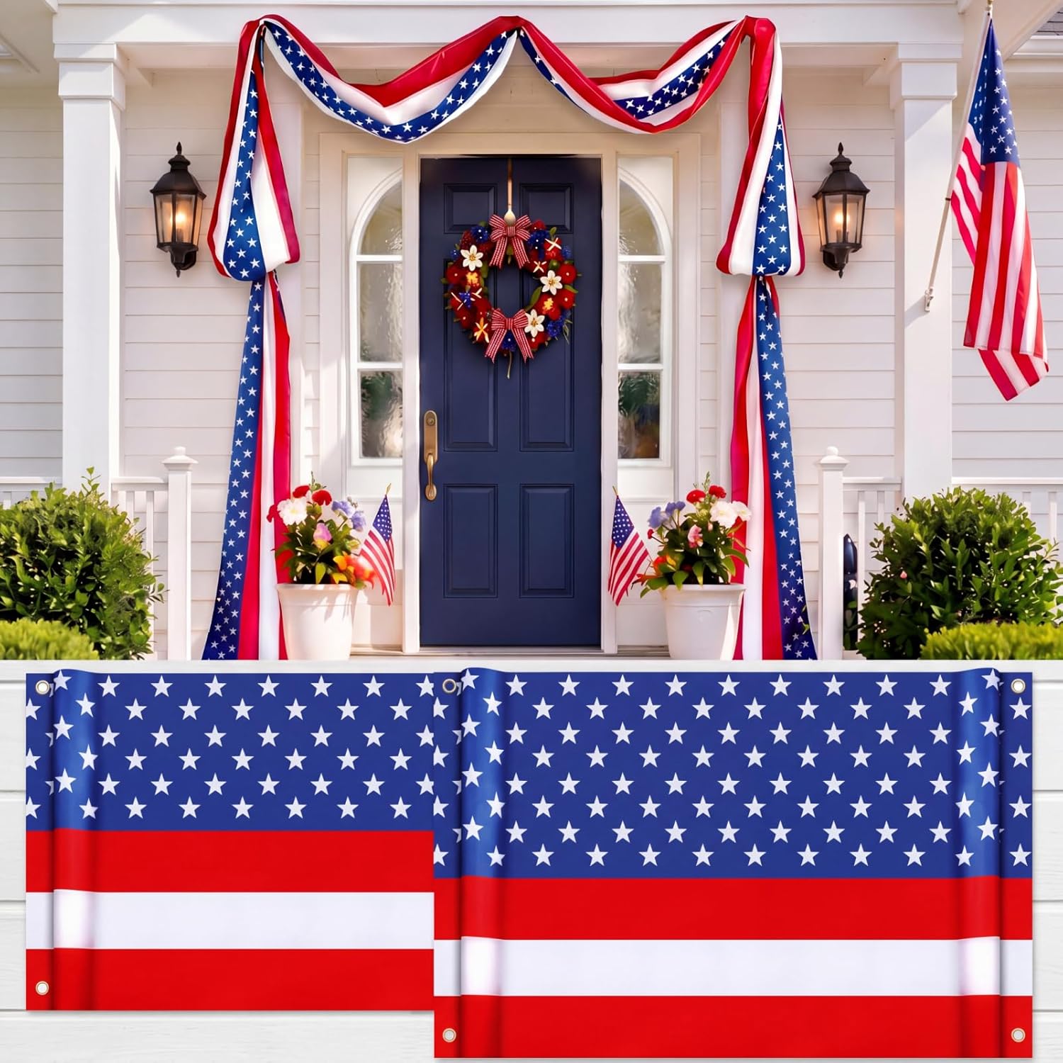 Tingjoo 2 Pack 20ft 4th of July Outdoor Decorations Patriotic Bunting Flags Banner 250th Anniversary Fence Decor Red White Blue Memorial Day American Flag Bunting for Porch Garden Independence Day