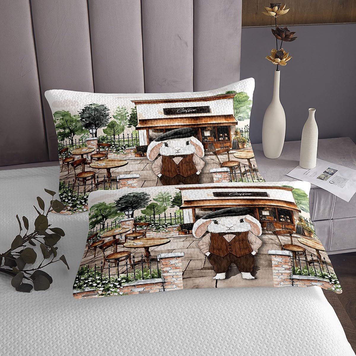 Erosebridal Coffee Theme King Quilt Set Cute Cartoon Rabbit Kids Coverlet Set Retro Coffee Shop Bedspread Set for Boys Girls Teen,Animal Bedding Set for All Season
