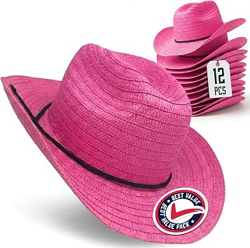 Podzly Straw Cowboy Hats 12 Pack 24" Circumference Western Style Pink