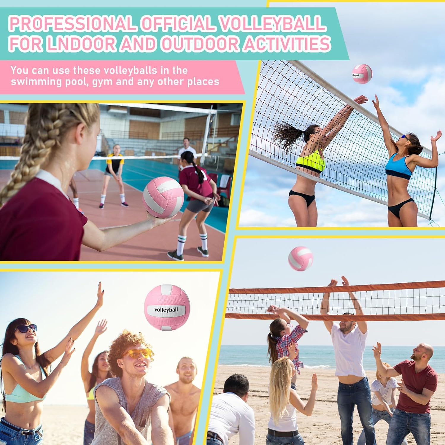 Soulchen 4 Pack Volleyball Official Size 5 Soft Official Volleyballs Kits with Pump Needles Mesh Bag Beginners Training Equipment Volleyball for Outdoor Gym Backyard Park Beach to Play Games