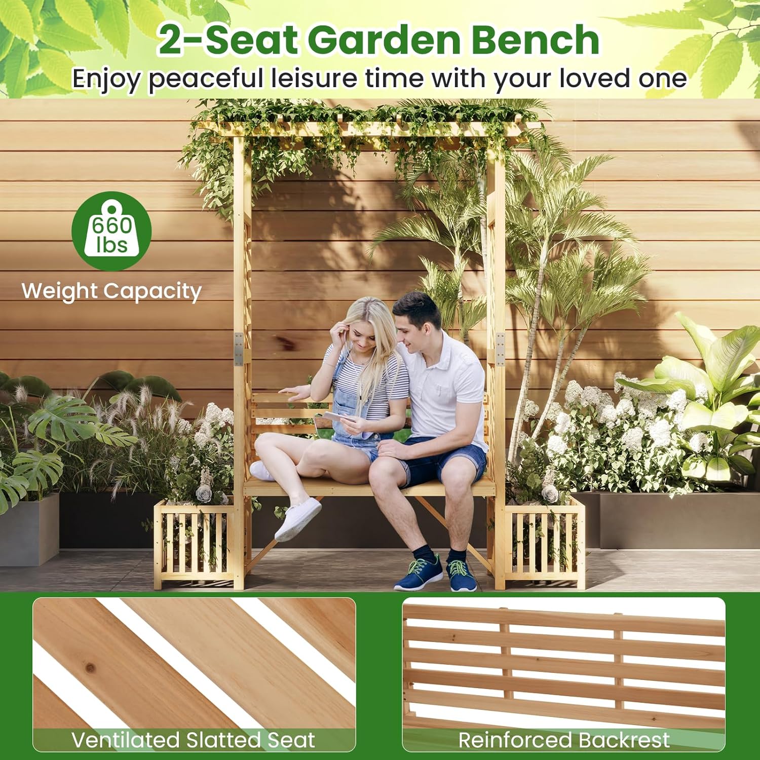 Close-up of the 2-seat garden bench with ventilated slatted seat and reinforced backrest.