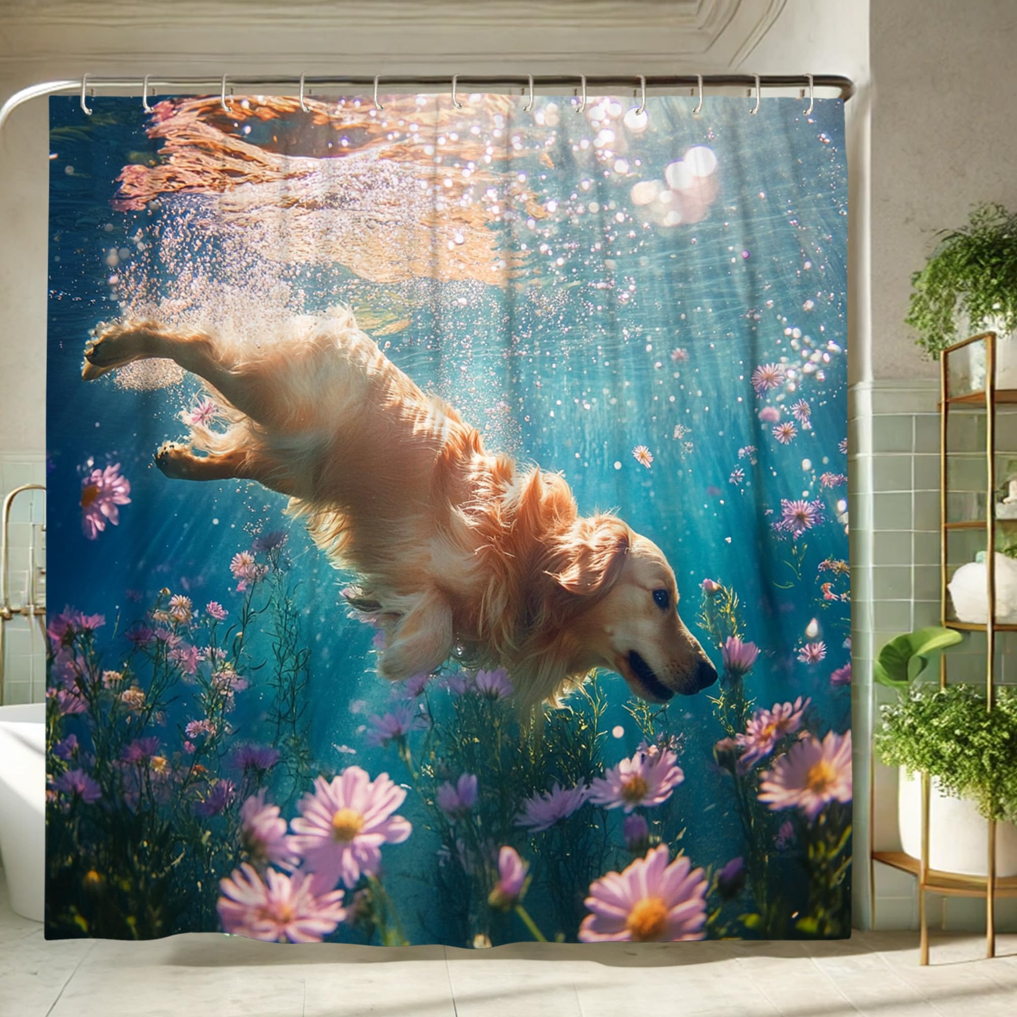 Golden Retriever Shower Curtain, Underwater Dog Bath Decor for Spring Summer, Colorful Floral Design, Waterproof Fabric with Hooks, Perfect for Bathroom Aesthetic 72x72 Inch