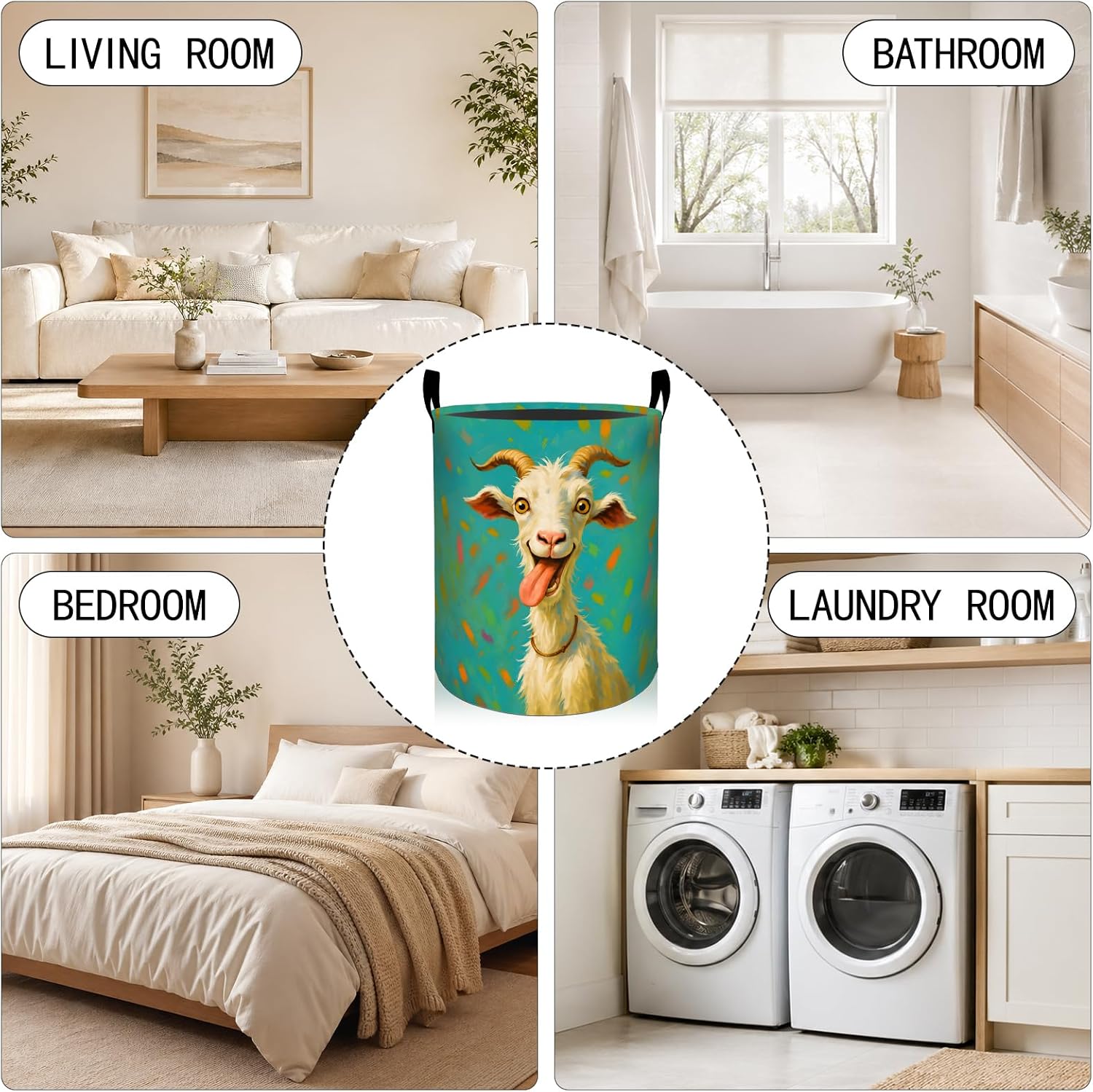 Funny Goat Laundry Basket, Colorful Teal Dirty Clothes Hamper, Abstract Animal Portrait Foldable Waterproof Oxford Cloth Storage Bin, Gifts for Bedroom Bathroom Home Decor, 19.7" x 15.7" image 5