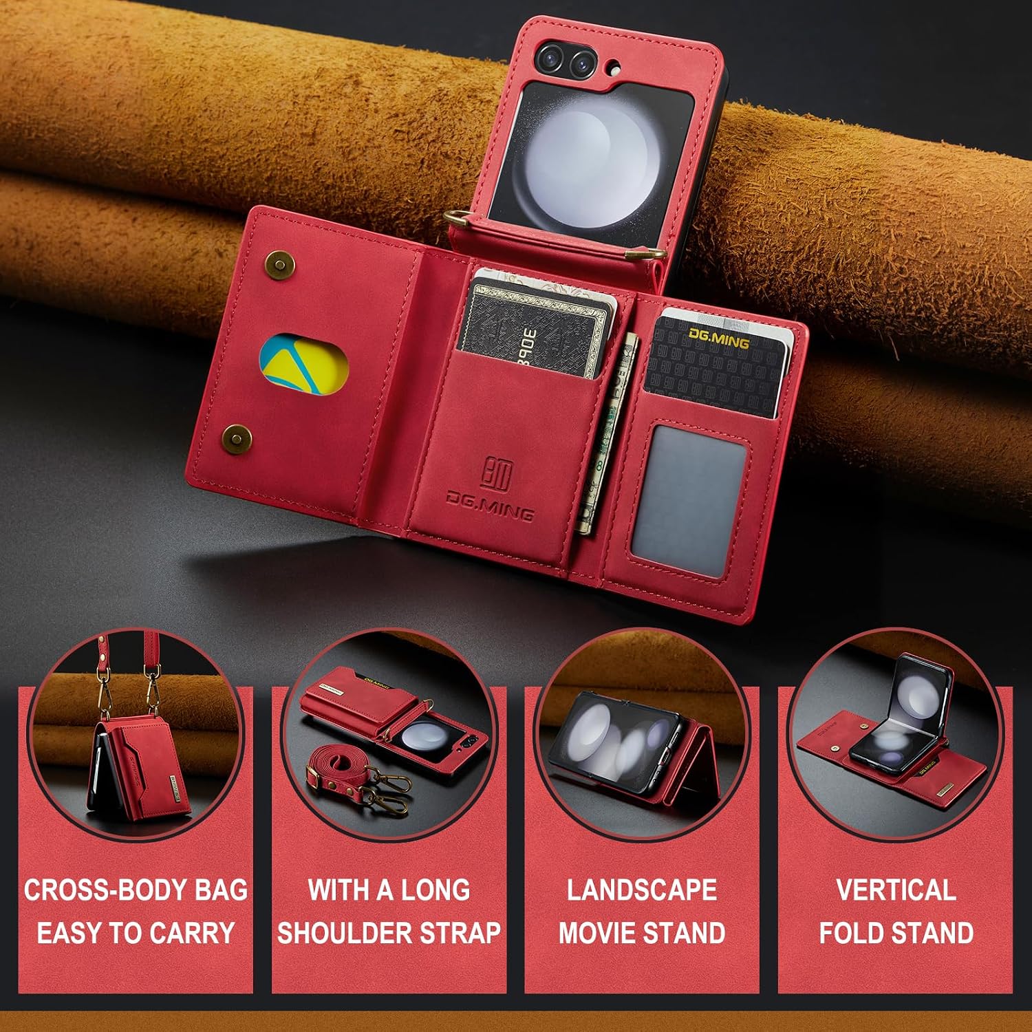 for Samsung Galaxy Z Flip 6 Case with Crossbody Wallet, 8 Cards Slot and Premium Leather Kickstand Vintage Card Holder.(Red)