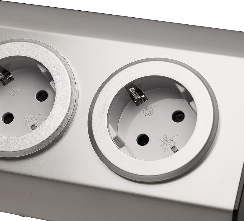 Vorex Rozsdamentes Acél Sarok Konnektor - 4 Schuko Aljzat USB-vel, Ezüst, Öntapadós, 45°-os Szerelés, Konyhai-Irodai Munkalaphoz, 3600W, 230