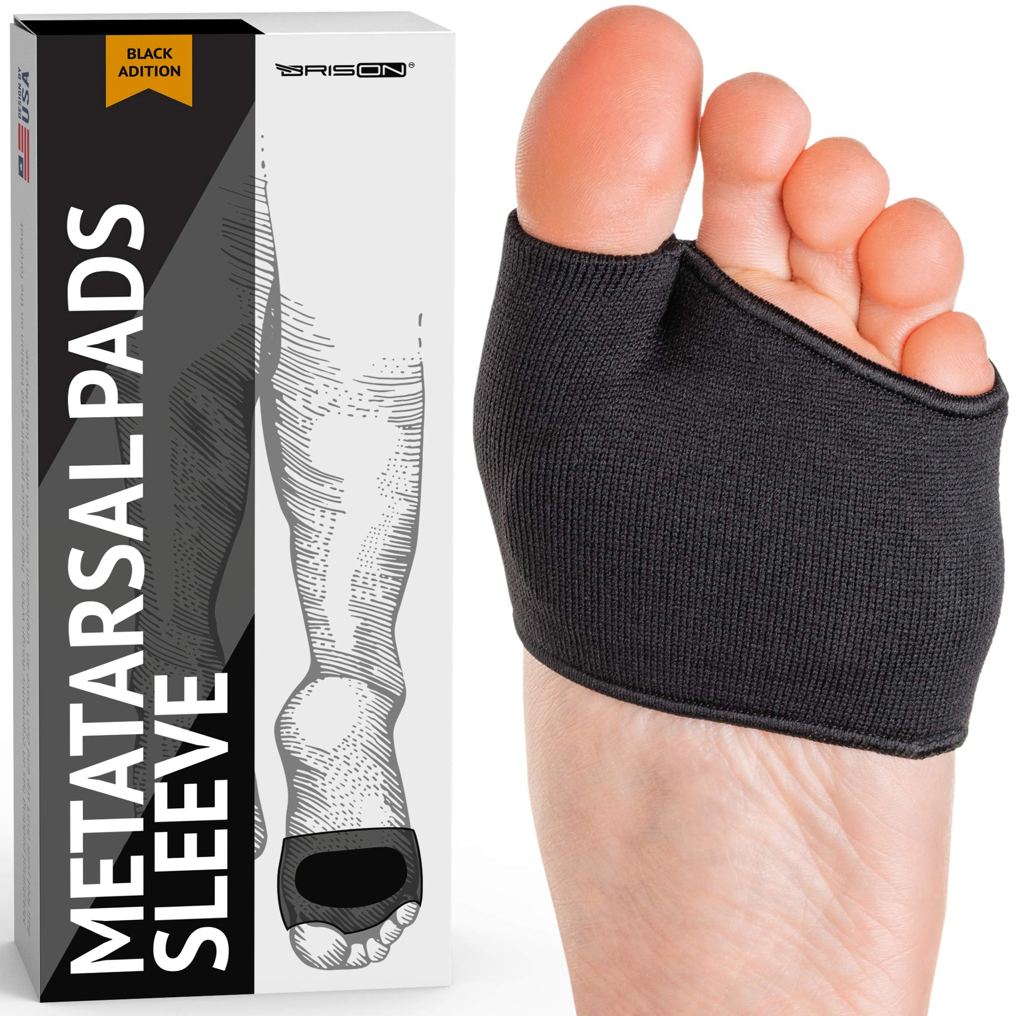 Brison Podiatrist-Designed Metatarsal Pads for Women & Men - Ball of Foot Cushions for Pain Relief Metatarsalgia Morton's Neuroma Calluses 1 Pair (Black, M/S)