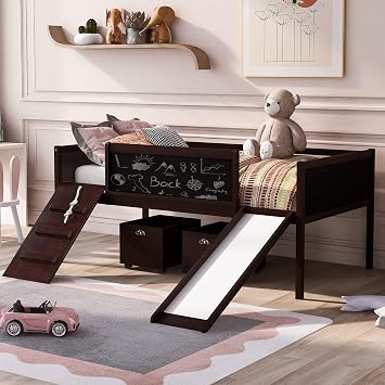 Twin Loft Bed for Kids Toddlers, Wood Low Loft Bed with Slide/Chalkboard/Two Storage Boxes/Climbing Rope/Climbing Frame, 4 Colors for Girls and Boys Espresso+Climbing Frame
