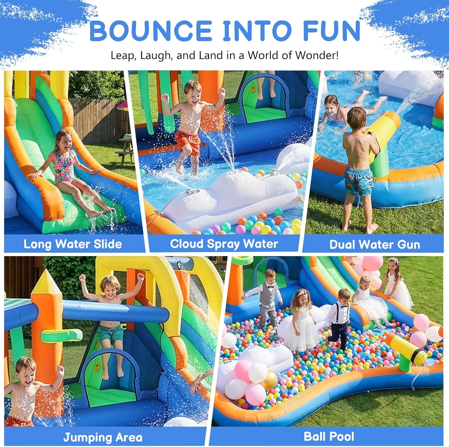 Ktaxon 8-in-1 Inflatable Water Slide with Cloud Sprinklers, Large Bounce House Outdoor Water Park w/Slide, Splash Pool & Ring Toss Game for Backyard Summer Fun, 750W Blower Included