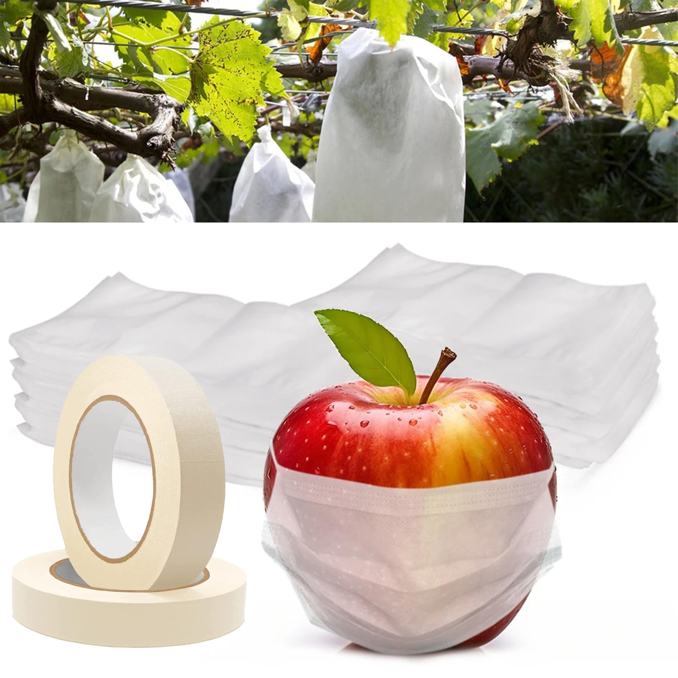 Fruit Cover Net for Farmers - Pack of 100 (6.5" X 9") Durable Mesh Fruit Protection Bags with Customizable Size Options, Includes 1 Masking Tape for per 100 Pcs for Closure