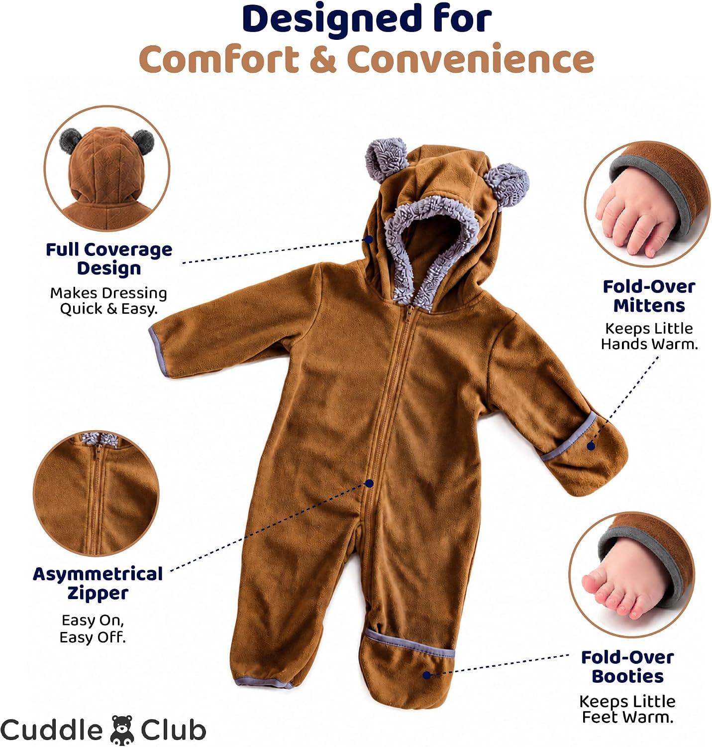 Cuddle Club Fleece Baby Bunting Bodysuit Hoodie, Newborn - 5T image 3