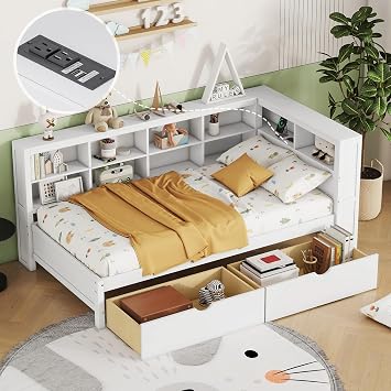 HomSof Wooden Twin Size DayBed with 2 Drawers, DayBed with Storage Shelf and USB Charging Ports,White