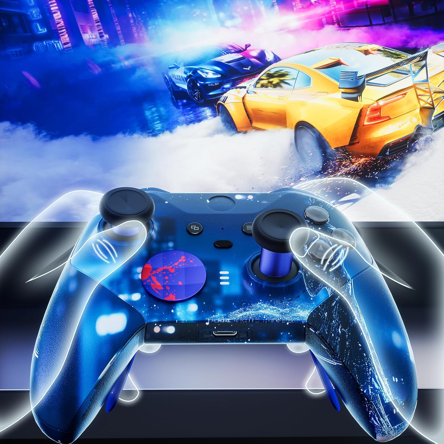 14-in-1 Controller Accessories Kit Compatible with Xbox Elite Series 2, 6 Premium Metal Thumbsticks, 4 Splatter-Design Paddles, 2 D-Pads, 1 Tool & 1 Storage Bag (Blue with Volcanic Red Splatter) - Image 6