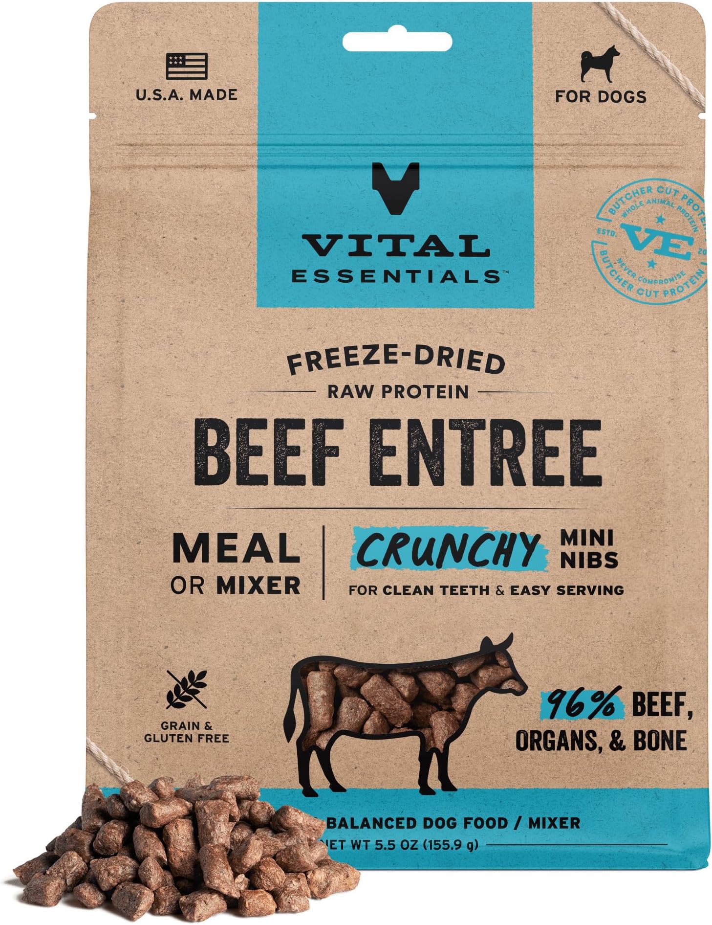 Vital Essentials Freeze Dried Dog Food, Raw Beef Crunchy Mini Nibs | Complete Meal or Topper | 96% Beef, Organs & Bone | Limited Ingredient, High Protein, Grain Free Dry Dog Food | 5.5 oz Bag