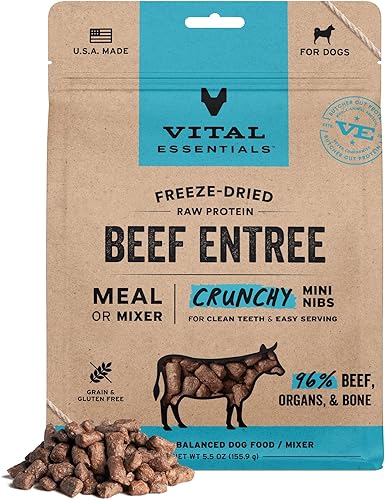 Vital Essentials - Comida para perros liofilizada cruda, mini trocitos crujientes de ternera | Comida completa o mezcla | Comida para perros alta en