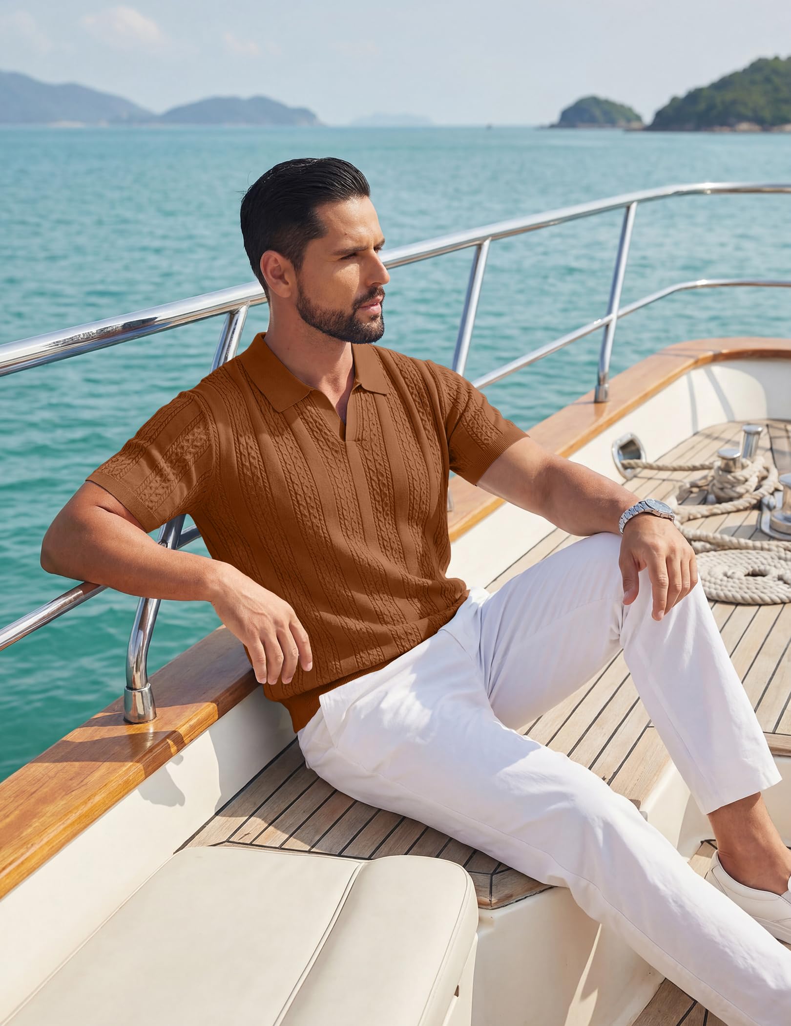 Coofandy Polo en Tricot pour Homme à Manches Courtes avec col en V Polo léger d'été décontracté texturé