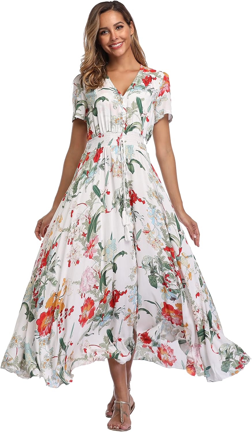 Women's Boho Floral Maxi Dress Summer Button Up Split Flowy Beach Party Dress,  NOT EXACTLY LIKE STOCK PHOTOS