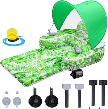 Motorized Pool Float for Adults with Canopy, Inflatable Pool Lounger with Dual Motors, Cup Holders, Foot Pump, Raft Holds up to 220lb, Electric Floaty for Lake Summer Water