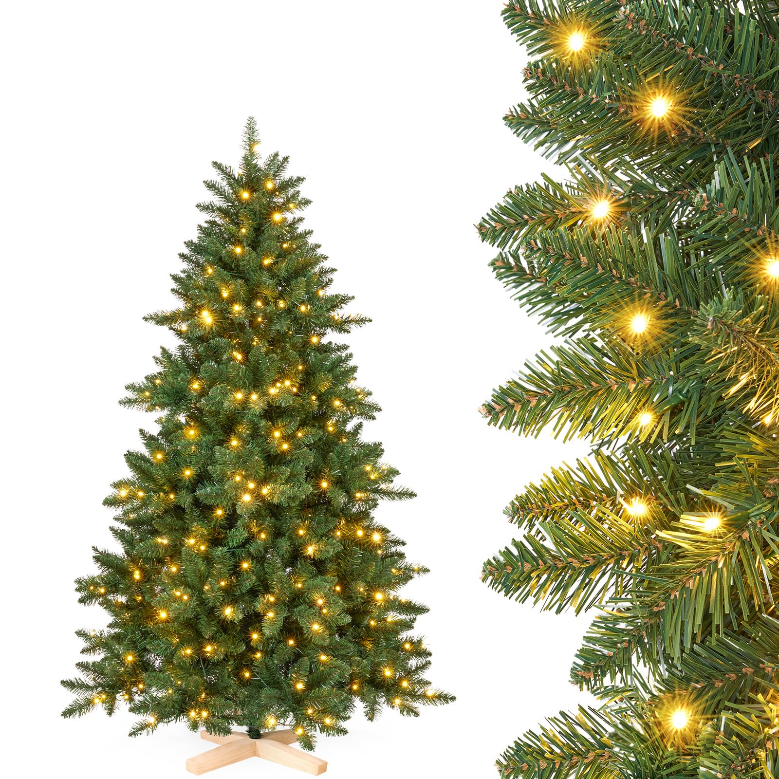Yorbay Sapin de Noël artificiel avec éclairage LED : sapin en PVC artificiel avec support en bois pour décoration de Noël, idéal pour une ambiance festive (150 cm)