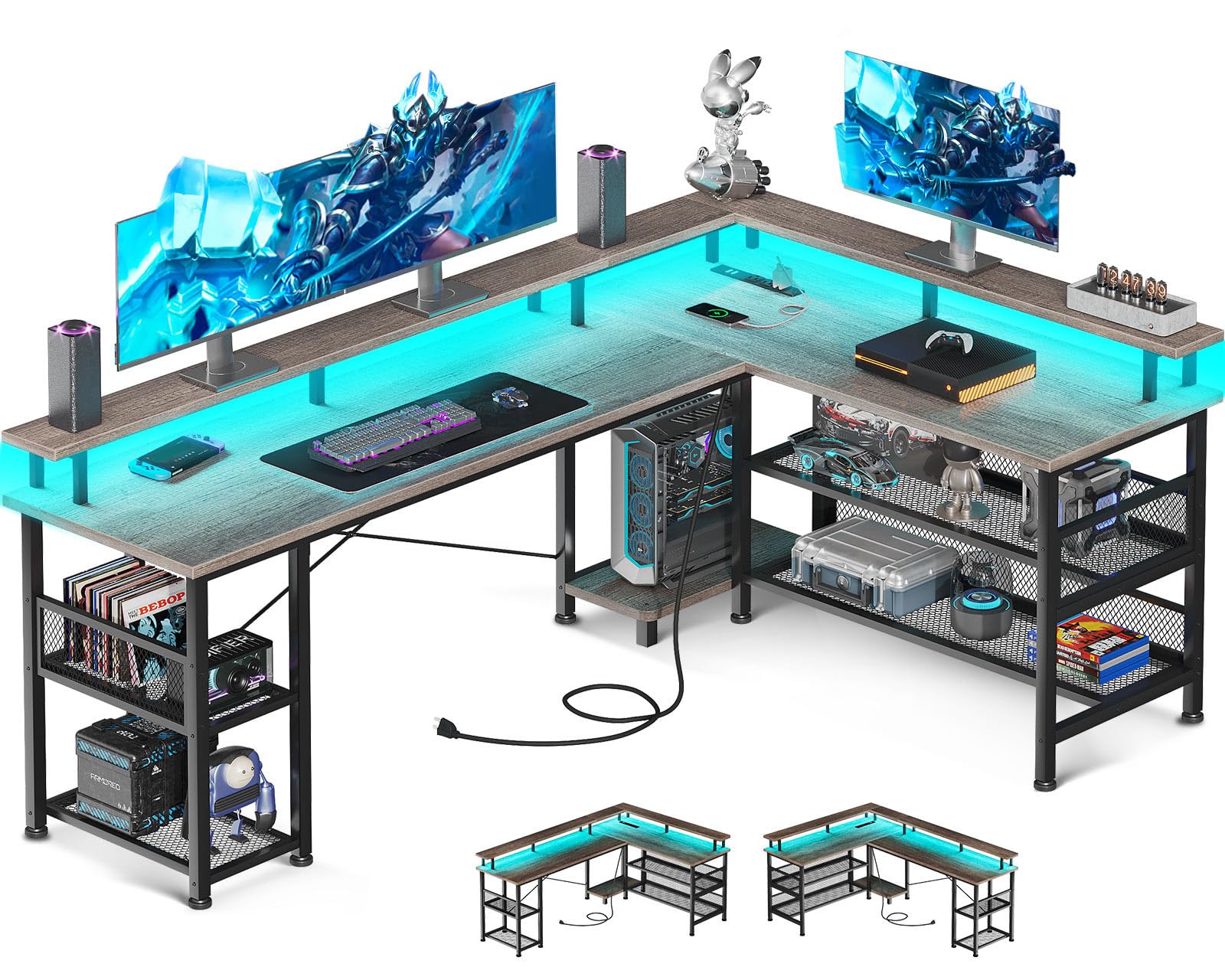 ODK 66" L Shaped Gaming Desk with Power Outlet and LED Lights, PC Gaming Table with USB Ports, Reversible L Shaped Desk with Storage Shelves & Monitor Stand, Home Office Desk, Grey Oak