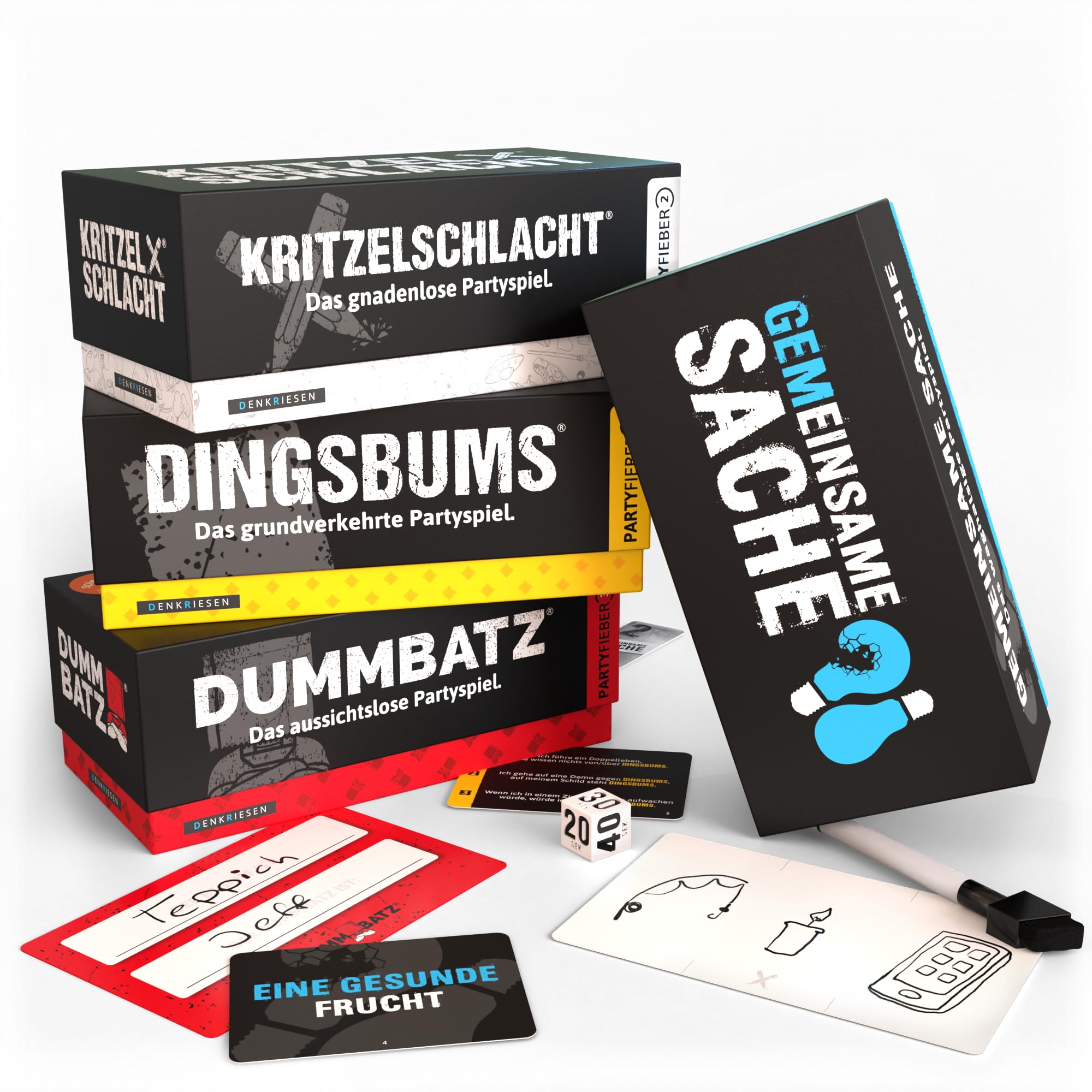DENKRIESEN PARTYFIEBER MEGA Pack - ab 10 Jahren & 3-8 Spieler | 4 Spiele in 1 Bundle: KRITZELSCHLACHT, DUMMBATZ, GEMEINSAME Sache & DINGSBUMS | Partyspiele | Familienspiele | Gesellschaftsspiele