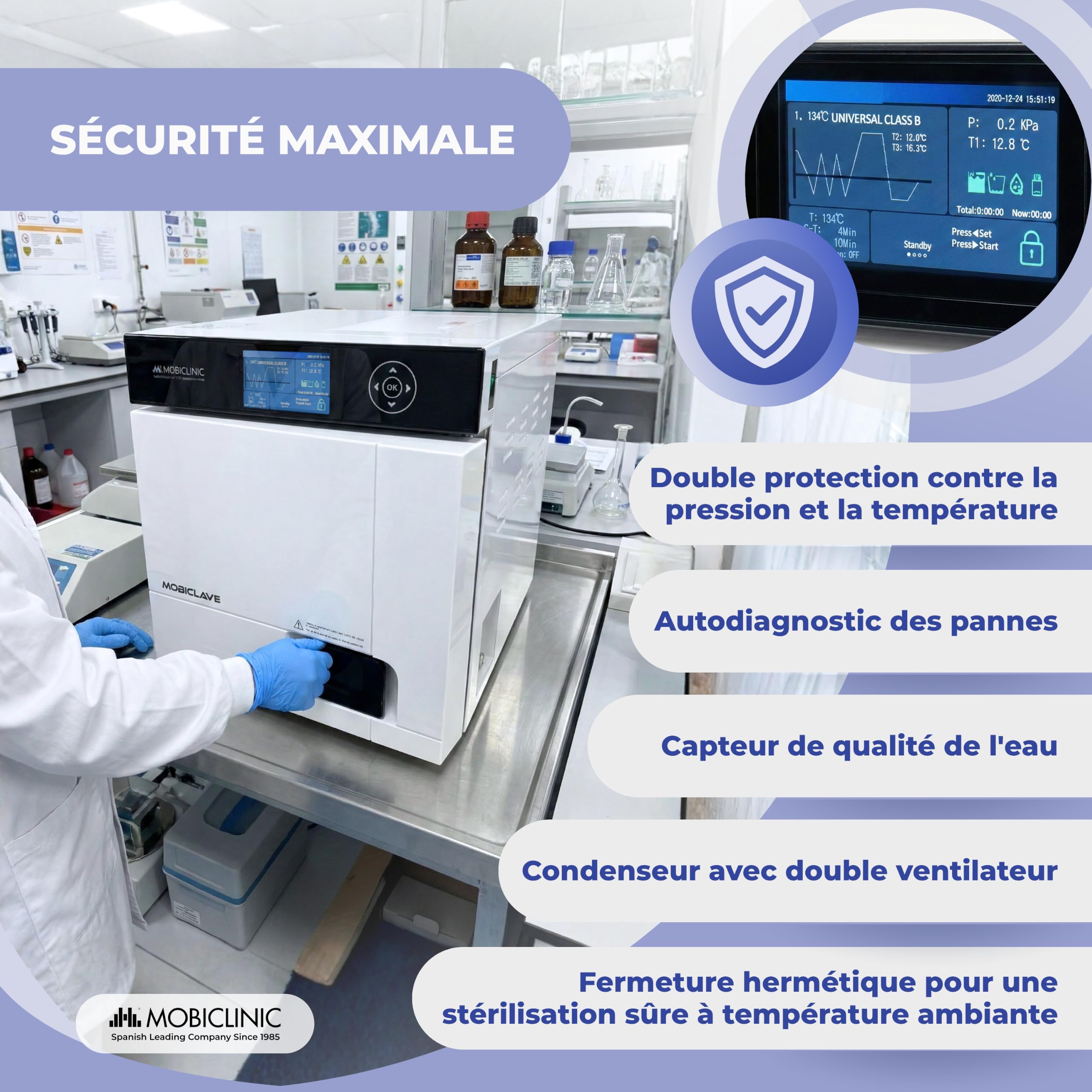 Mobiclinic®, Autoclave Professionnel, Stérilisateur Autoclave à Vapeur 17L, Désinfectant 99% avec Couverture 360°, 6 Cycles, Imprimante, USB, SD, Cliniques et Laboratoires, MobiClave Plus