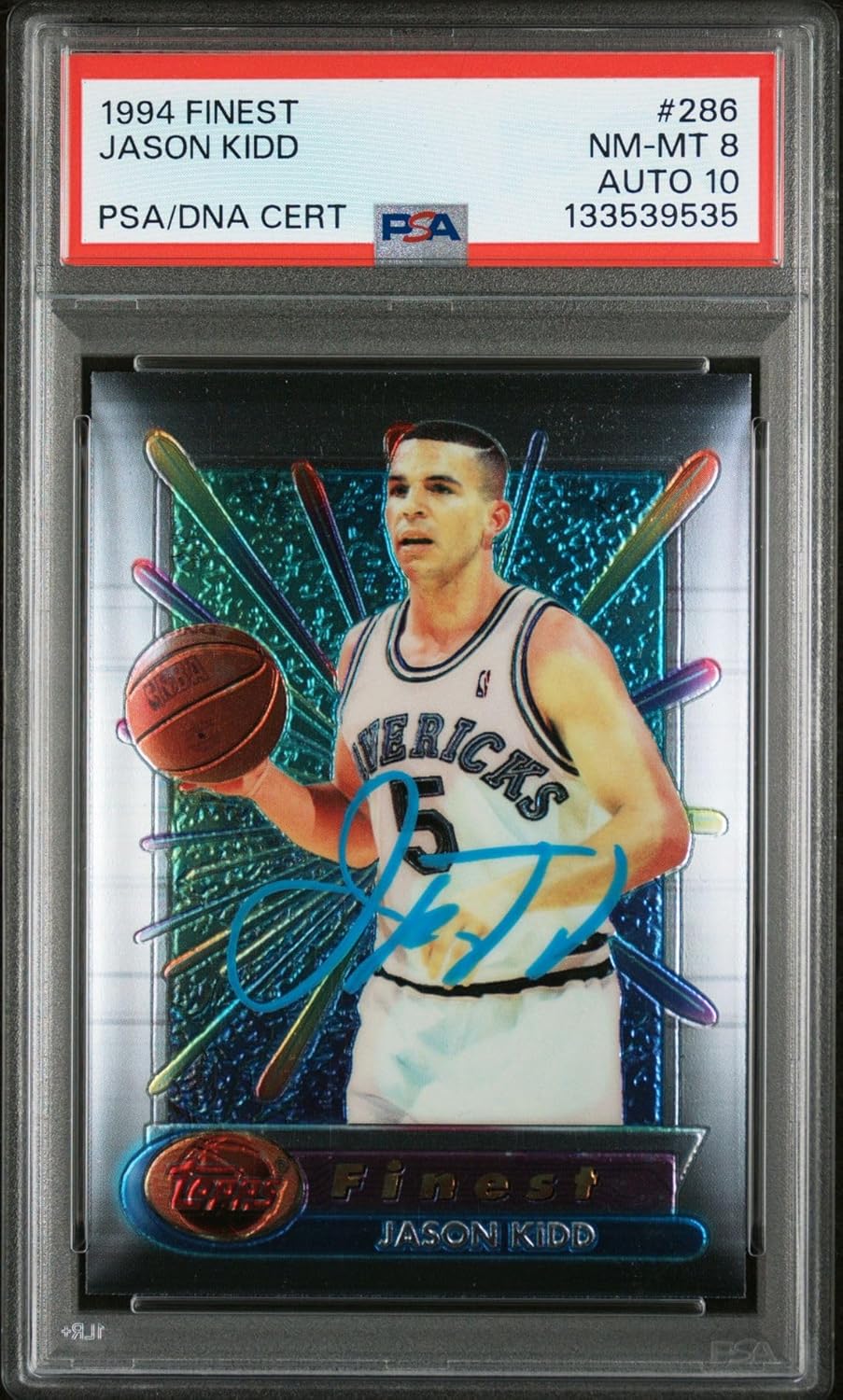 Jason Kidd 1994 Topps Finest Signed Basketball Rookie Card #286 Graded PSA 8 Auto 10 Cert #133539535