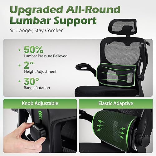 Miniatura 4 de Silla de oficina ergonómicas con soporte lumbar ajustable y colgador para reposacabezas, silla de malla transpirable de respaldo alto con ruedas,