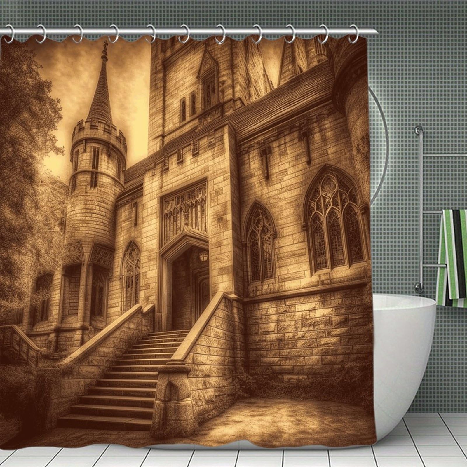 VstaDank Vintage Medieval Castle Bath Curtain Elegant Heavy Duty Shower Curtains 70x70 in Rustic Farmhouse Cloth Shower Curtains Neutral Modern Bath Curtain for Bathroom