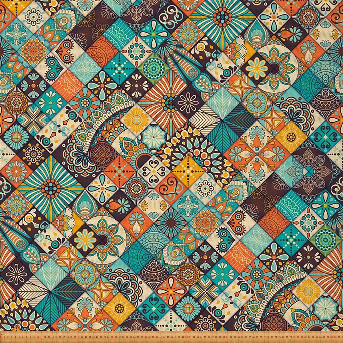 Boho Plaid Fabric by The Yard, Vintage Indian Mandala Upholstery, Exotic Style Grid Outdoor Fabric