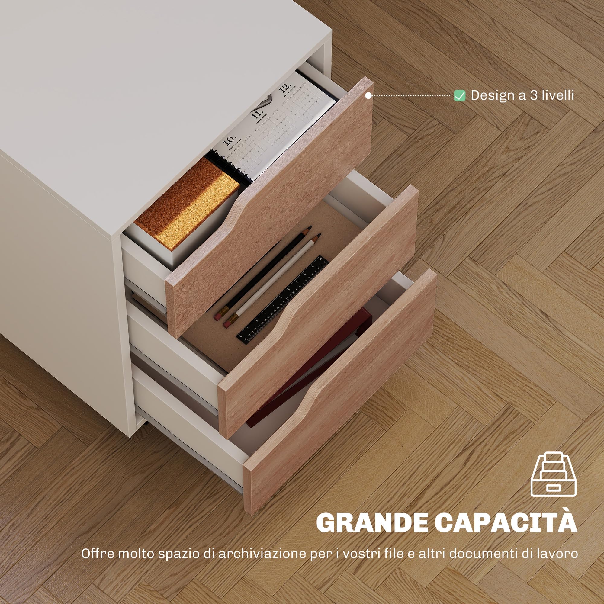HOMCOM Cassettiera da Ufficio Portadocumenti a 3 Cassetti con Maniglie a Scomparsa, Armadietto da Ufficio a 4 Ruote in Legno e Metallo, 40x50x57.5 cm, Legno e Bianco