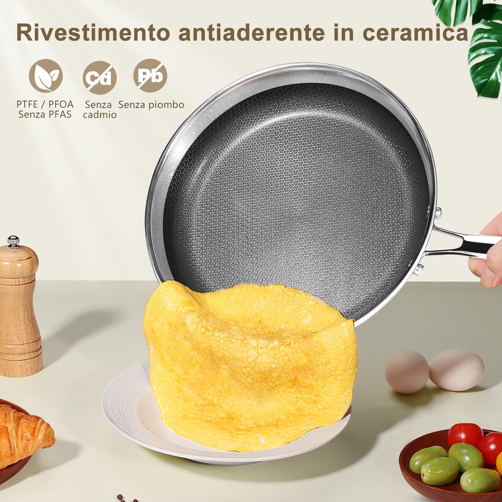 GiPP Padella in Acciaio Inossidabile Triplo Strato 30cm con Coperchio | Rivestimento Antiaderente a Nido d'Ape, Compatibile con Induzione, Gas, Elettrico, Sicura per Forno, Per Rosolare Friggere