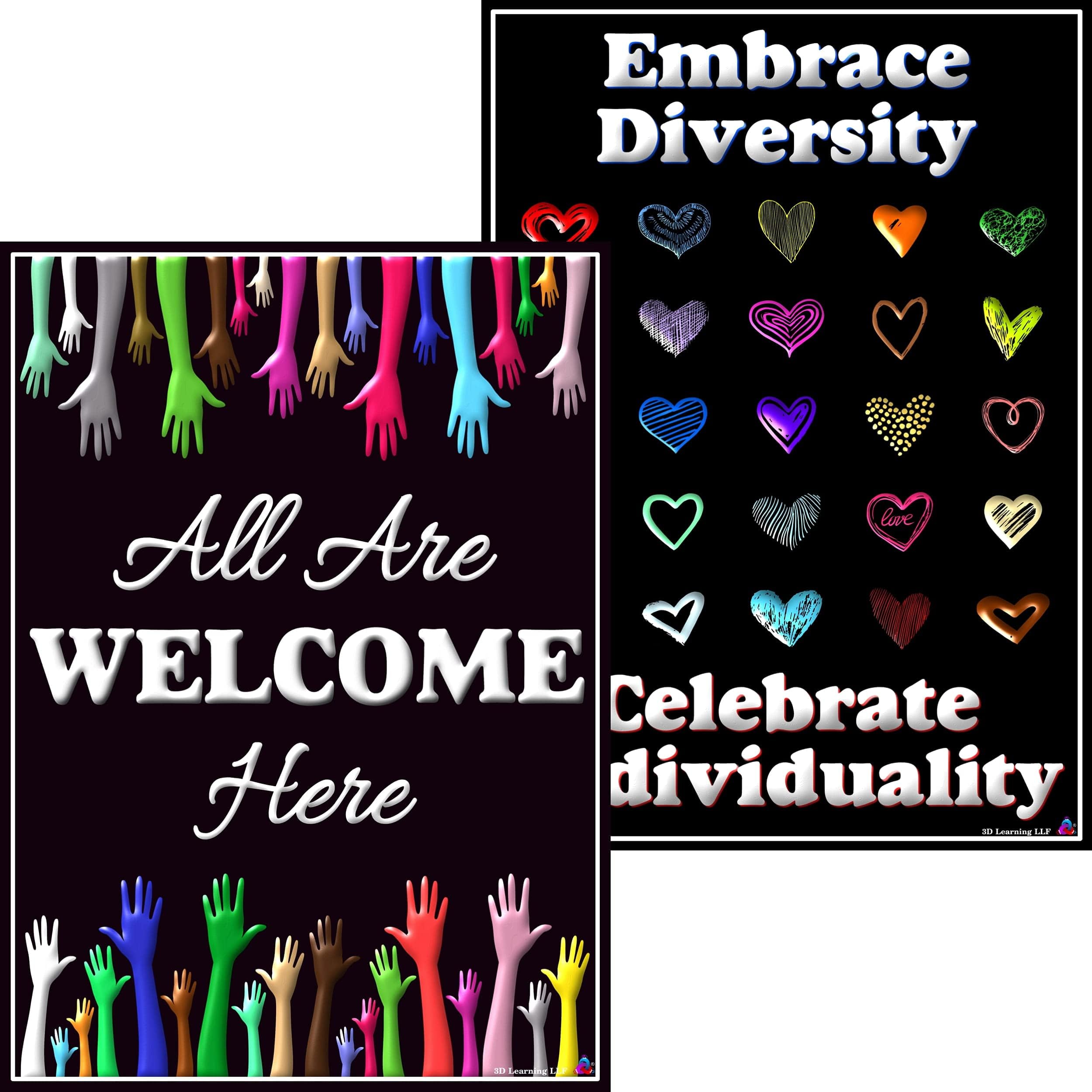 All Are Welcome Here and Diversity Posters - Laminated 14x19.5 - Classroom Charts and Decorations, Back to School Supplies, Store Welcome Signs, Office Sign and Decor, Home Signage and Posters