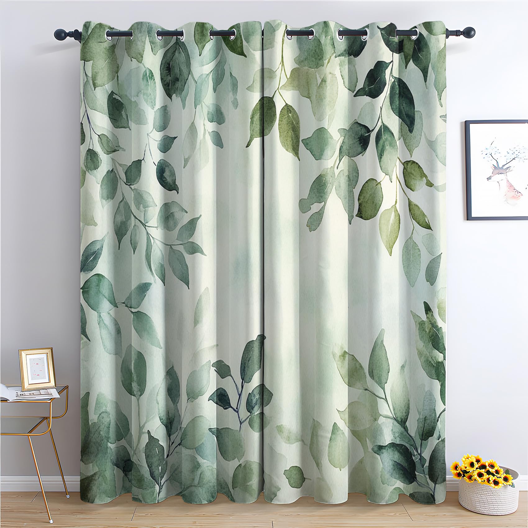 Niyaka Green White Green Leaf Curtain Blackout, Sage Green Curtains 42X54, Living Room & Bedroom Decor Drapes, Thermal Insulated Eyelet Window Treatments 54 Drop, 2 Panels Lukc1305