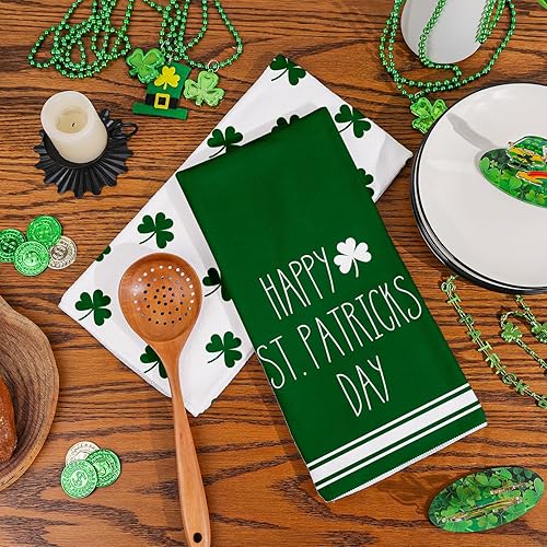 Miniatura 2 de Siilues Juego de 2 toallas de cocina del Día de San Patricio, 18 x 26 pulgadas, color verde, diseño de trébol de la suerte, decoración del hogar,