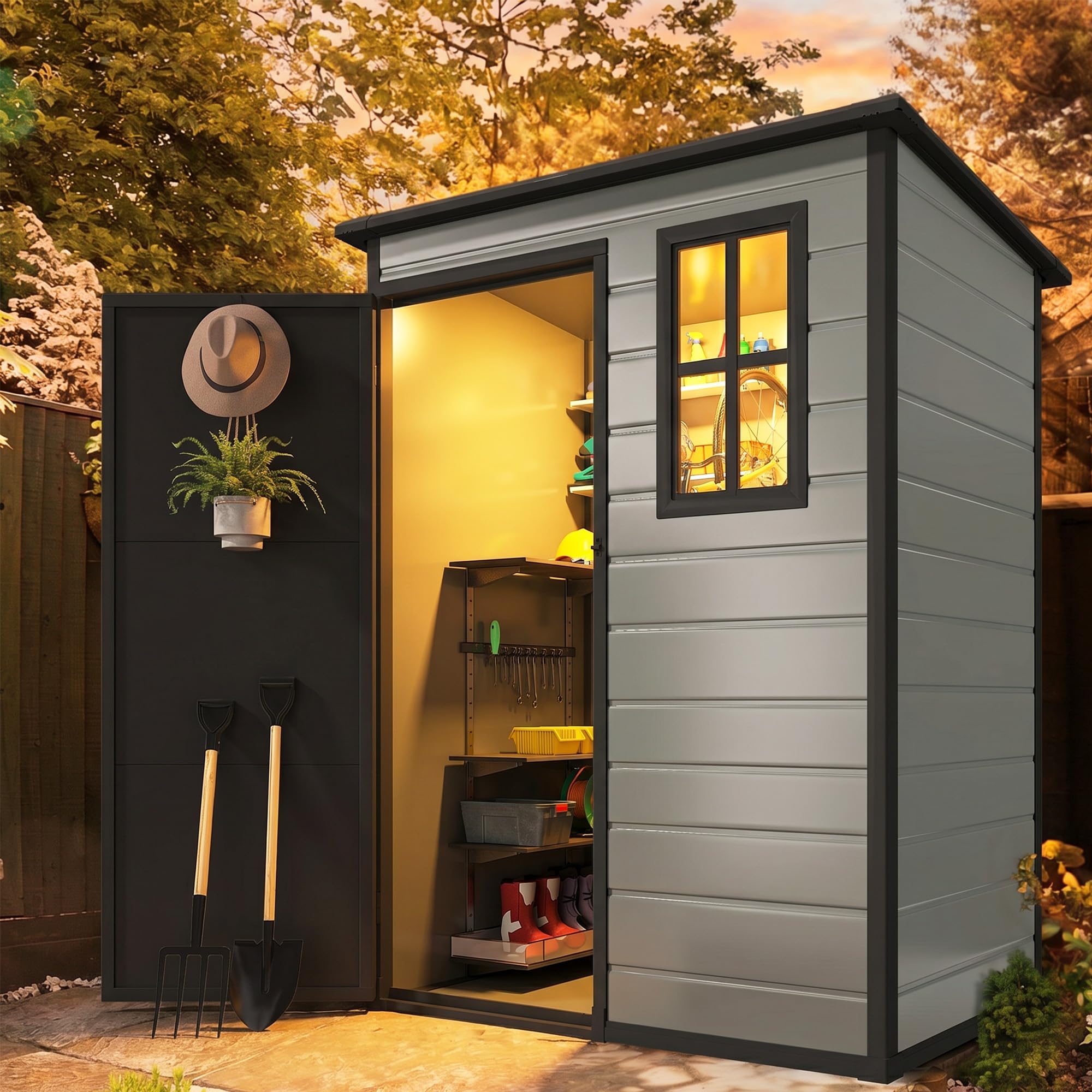 Photo 1 of ***Partial Set*** ***Only Box 1 Of 2*** DWVO 5x3ft Resin Outdoor Storage Shed with Floor, Waterproof Lockable Storage Shed with Window, Plastic Outside Tool Storage for Garden, Backyard Patio
