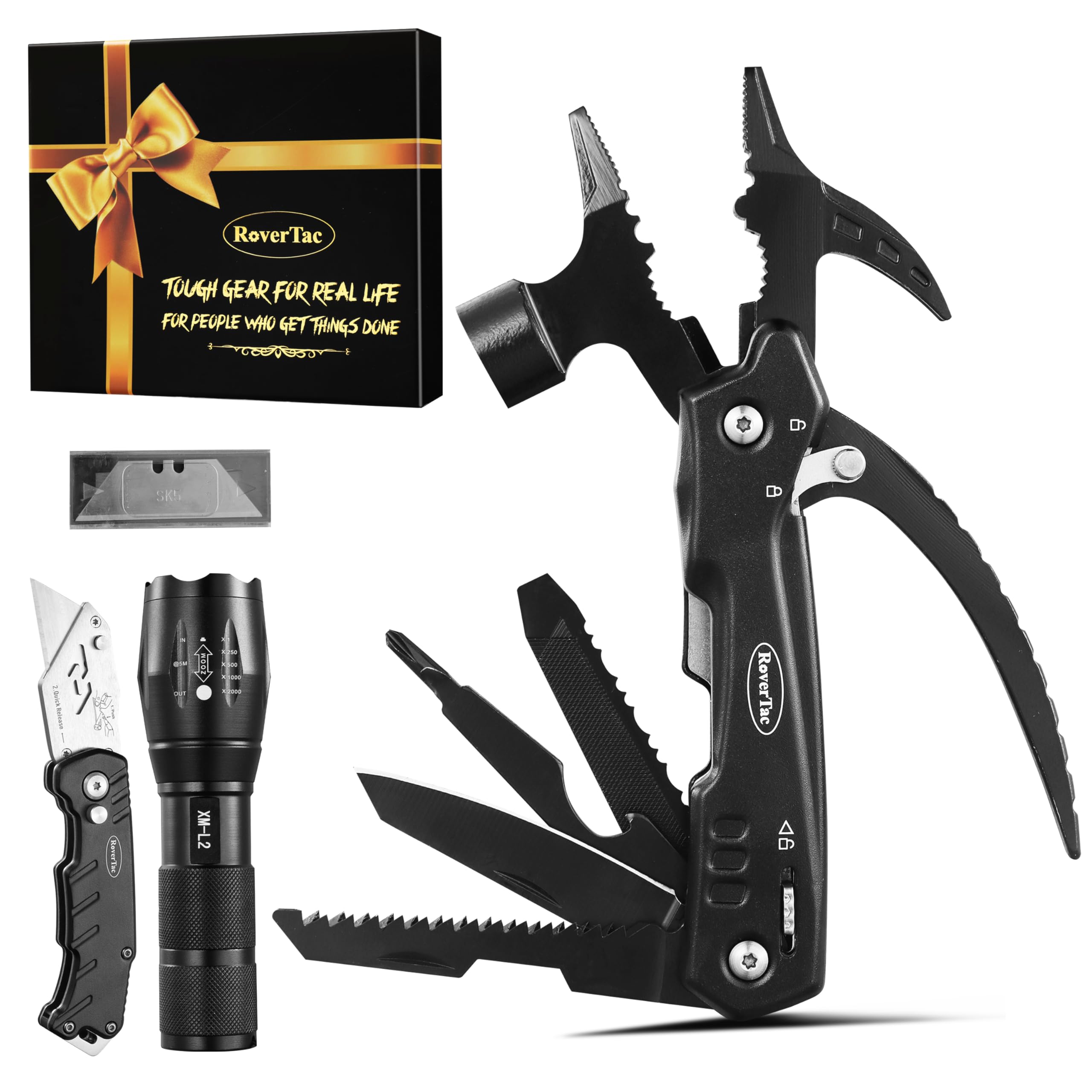 RoverTac Juego de herramientas múltiples: martillo multiherramienta 12 en 1, linterna LED, cuchillo utilitario en caja de regalo premium, equipo de supervivencia para camping, regalo multiherramienta